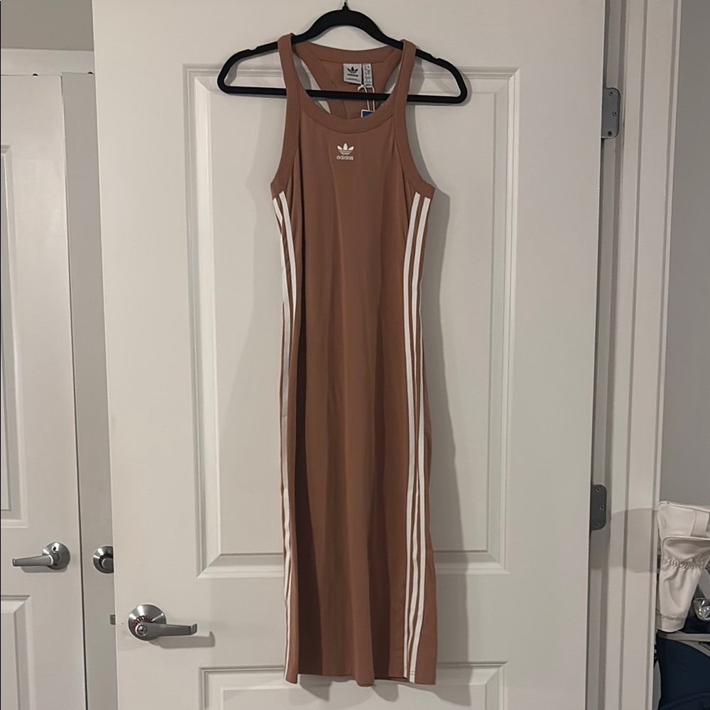 Adidas Women's Tan Midi Dress with White Stripes